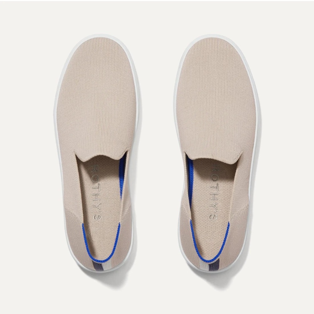 Rothy's Slip-On Sneakers in Beige with Blue Trim